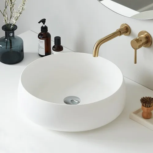 Miniatura 8 de Cpingao Fregadero de baño redondo de resina de piedra transparente de 17.7 pulgadas, lavabo sobre encimera con drenaje desplegable (negro)