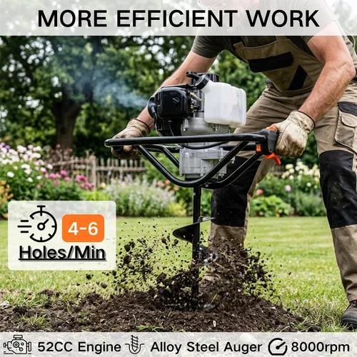 Miniatura 2 de DC HOUSE 52cc 1800W Perforadora de Tierra a Gas con Certificación EPA, con 2 Brocas de 6 y 10 Pulgadas, Relación de Mezcla 30:1, para Valla, Tierra