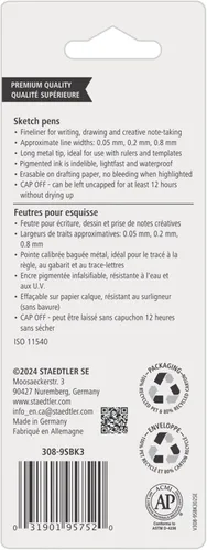 Miniatura 2 de Staedtler Paquete de Rotuladores de Pigmento, Negro, 3 Rotuladores, Anchos de Línea Surtidos 0.05mm/0.2mm/0.8mm, 308-9SBK3