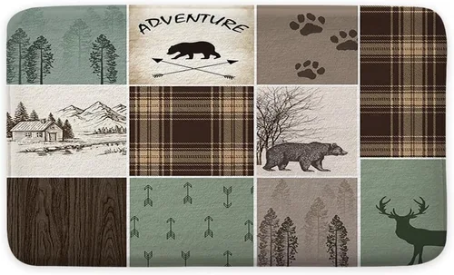 Miniatura 2 de Alfombras de baño de cabaña retro rústicas para baño, osos, ciervos, caza, animales salvajes, franela para baño, ducha, antideslizante, tapete a