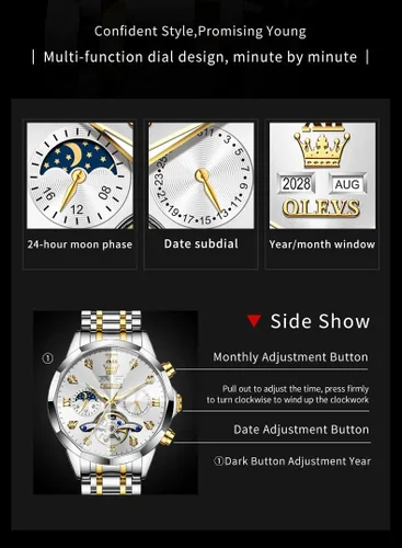 Miniatura 45 de OLEVS Reloj de pulsera automático con diseño de esqueleto para hombre, de lujo, con diamantes de lujo, de acero inoxidable, calendario, reloj
