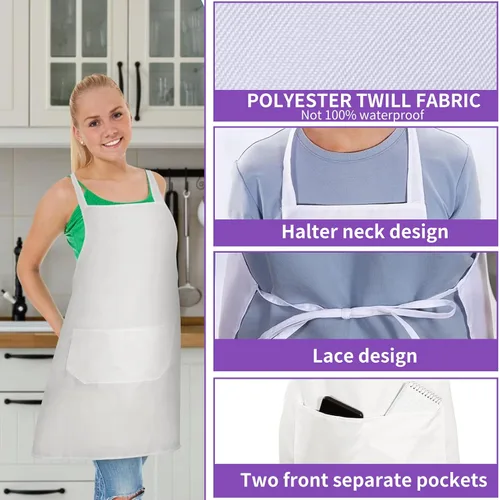 Miniatura 4 de Paquete de 12 delantales con peto, delantales unisex lisos, delantales blancos a granel con 2 bolsillos para adultos, cocina y pintura, lavable a