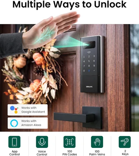 Miniatura 2 de DESLOC Smart Lock K140 Plus con reconocimiento de vena de palma, cerradura de puerta de entrada sin llave con cerrojo de teclado, control