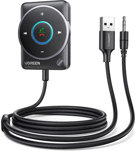 UGREEN Adaptador auxiliar Bluetooth 5.4 para automóvil, [conexión mejorada y cancelación de ruido], receptor auxiliar Bluetooth con cable trenzado