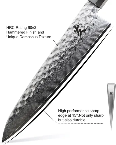 Miniatura 3 de SAMCOOK - Cuchillo de chef japonés – Cuchillo de cocina profesional de 8 pulgadas con acabado martillado de Damasco, cuchillo de cocina de acero