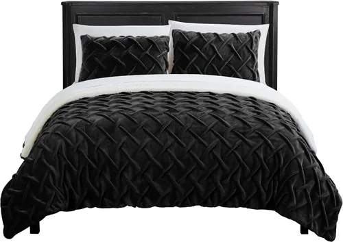 Miniatura 4 de Chic Home BCS03140-AN Naama - Juego de edredón de 3 piezas ultra afelpado de micro visón, con pliegues cruzados, ropa de cama con forro sherpa, Negro