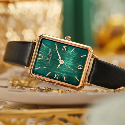 Miniatura 5 de VICTORIA HYDE Precioso reloj para mujer esfera de nácar verde elegante reloj rectangular con correa de cuero negro
