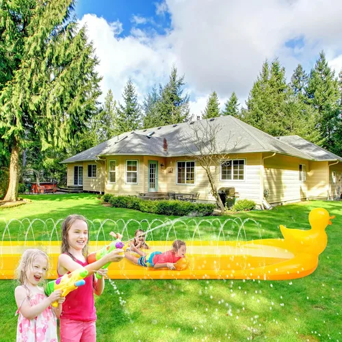 Miniatura 4 de Foilswirl Tobogán acuático de pato 3D de 20 pies, tobogán de agua de doble carril, valla segura de 3 caras, inflable resistente con 2 tablas