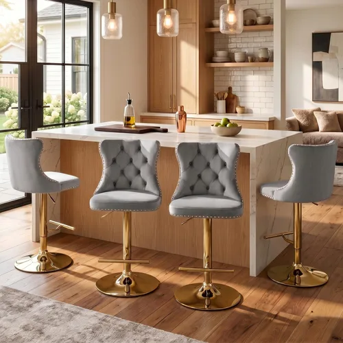 Miniatura 30 de SoarFlash Juego de 2 taburetes de bar tapizados de terciopelo moderno con patas de madera, botones acolchados, cabeza de clavo cromada, asiento