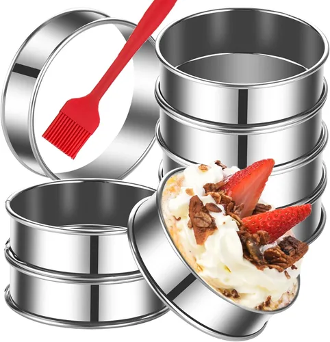 DATANYA Paquete de 8 anillos para muffins ingleses de 4 pulgadas, anillos de tarta dobles de acero inoxidable, moldes de anillo de pastelería de