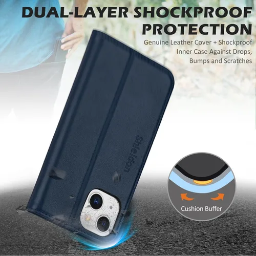Miniatura 6 de SHIELDON Funda tipo cartera folio para iPhone 13 de 6.1 pulgadas, de piel auténtica, con función atril, bloqueo RFID, tarjetero magnético, Azul