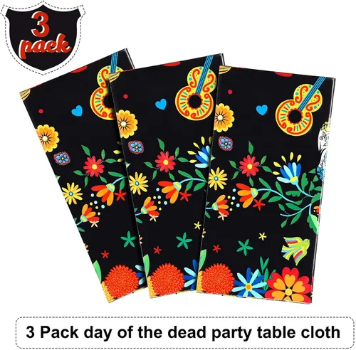 Miniatura 4 de Irenare Mantel de plástico con diseño de Día de los Muertos, diseño de calavera de azúcar, desechable, rectangular, para Halloween, cumpleaños Negro