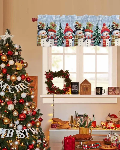 Miniatura 3 de Cenefa de Navidad para ventanas, cortinas de muñeco de nieve, cenefas con bolsillo para barra, tratamientos de ventana, cortinas cortas azules