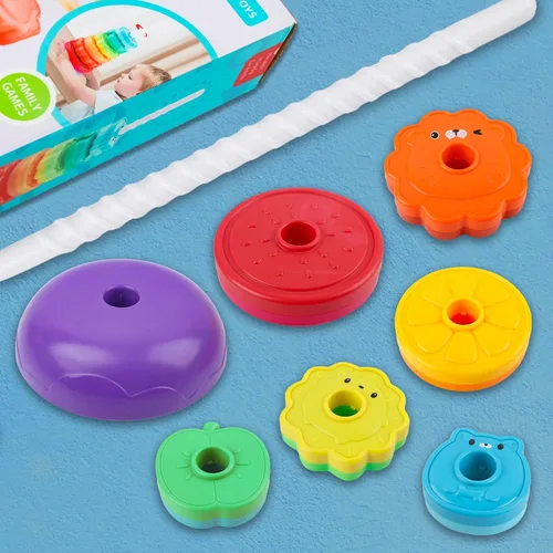 Miniatura 4 de BYFWH Juguetes giratorios apilables para bebés de 12 meses en adelante, anillo de arcoíris, flores, animales, frutas, apilador, juguetes ABS