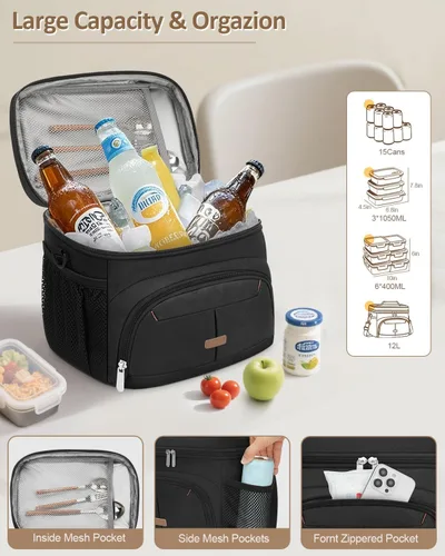 Miniatura 4 de Caja de almuerzo Pritent para hombre y mujer, bolsa de almuerzo aislada, bolsa refrigerante a prueba de fugas, bolsas de almuerzo con asa extraíble