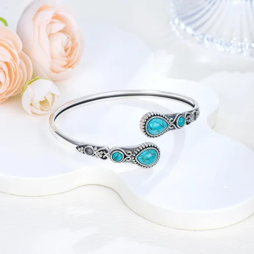 Miniatura 3 de Pulsera de turquesa para mujer, plata de ley 925, turquesa auténtica, pulsera abierta, ajustable, apilable, vintage, piedra natural, regalos