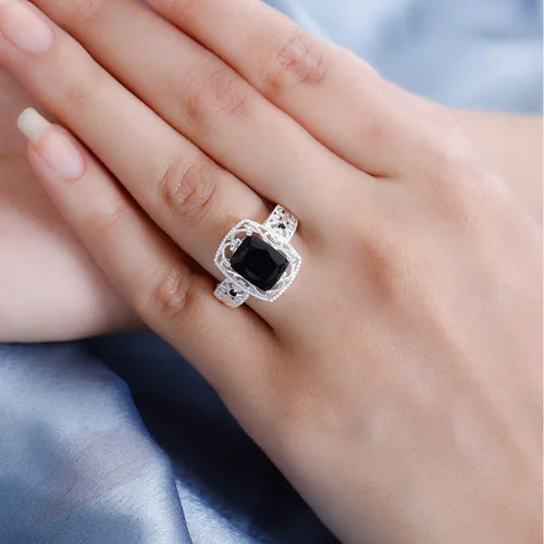Miniatura 2 de Black Tourmaline Rings - Birthstone Rings for Women - Engagement Promise Ring for Her Statement Vintage Stainless Steel Tourmaline Jewelry Birthday