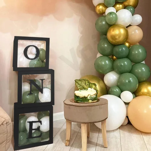 Miniatura 2 de Sooyee Decoraciones de primer cumpleaños para niña o niño, 3 cajas de globos para decoración de primer cumpleaños, bloques de cubo de bebé, Negro