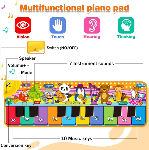 Miniatura 2 de Alfombrillas de Piano Musical para Niños con 25 Sonidos Musicales, Juguetes Musicales Alfombra de Teclado de Piano para Bebés Manta de Animales