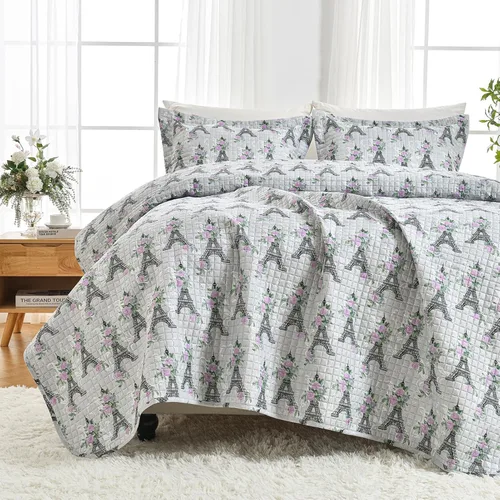 HollyHOME Juego de edredón de 2 piezas tamaño Twin de la Torre Eiffel con diseño floral rosa sobre gris, cubrecama, incluye 1 edredón, 1 funda de