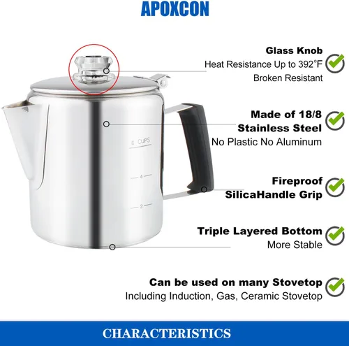 Miniatura 4 de Cafetera Percoladora Multiuso de Acero Inoxidable para Estufa con Dos Perillas de Vidrio Borosilicato Resistente Mango de Sílice Cafetera
