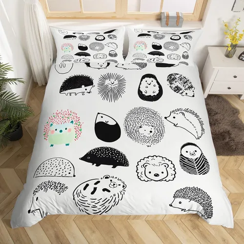 Erosebridal Juego de funda de edredón Kawaii de tamaño individual, diseño de erizo de dibujos animados en blanco y negro, regalo de erizo para niñas