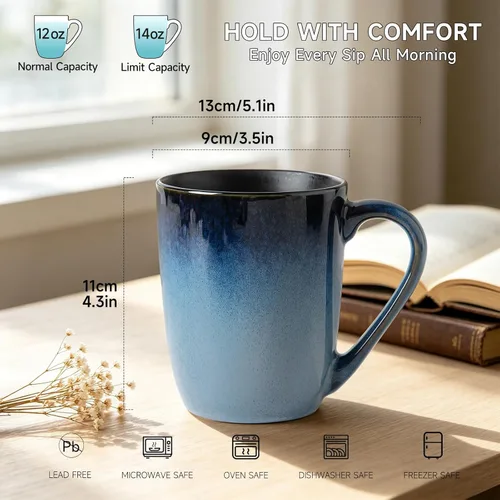 Miniatura 3 de MONITO Juego de 6 tazas de café de 14 onzas, modernas tazas de café de cerámica grandes con asa para té/latte/leche/cacao, divertidas tazas de té