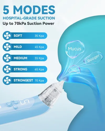 Miniatura 3 de Aspirador nasal para bebé, succión eléctrica de nariz para bebé con 5 niveles ajustables de succión, limpiador de moco recargable USB-C con luces