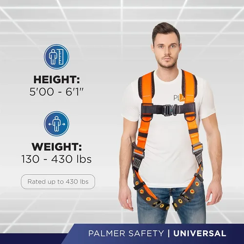 Miniatura 5 de Palmer Safety - Arnés de seguridad de cuerpo completo con ajuste de 5 puntos, anillo en D dorsal, piernas con ojales, dos anillos en D laterales e