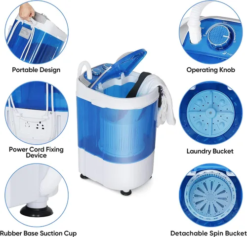Miniatura 2 de Mini Lavadora Portátil, Pequeña Lavadora Compacta de 4.4 libras de Capacidad con Cesta de Ciclo de Centrifugado y Manguera de Drenaje Lavadora