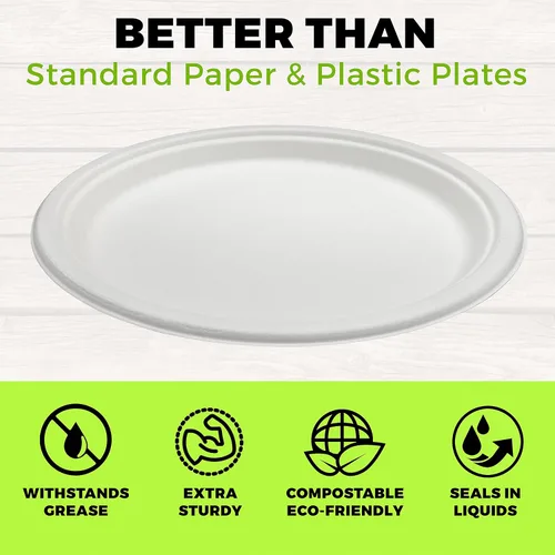 Miniatura 3 de NYHI Paquete de 125 platos desechables de papel compostables de 10 pulgadas a granel para adultos y niños, platos de caña de azúcar blanca