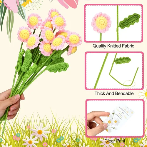 Miniatura 3 de Tigeen 24 juegos de ramo de flores de ganchillo a granel, ramo de flores de punto de margaritas de ganchillo y tarjetas impresionantes, regalos