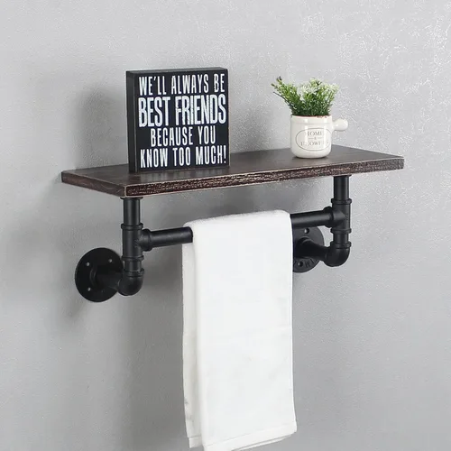 Miniatura 11 de MBQQ Estante de tubería industrial para baño, estantes montados en la pared, estante de madera rústica de 19.6 pulgadas con toallero, toallero