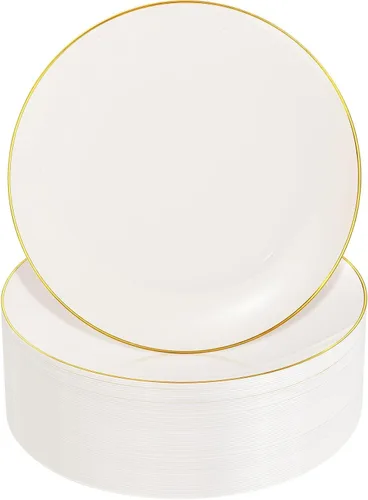 Miniatura 26 de Nervure - Juego de 100 platos de plástico desechables negros de 7.5 pulgadas, platos de postre negros desechables, platos de plástico dorado