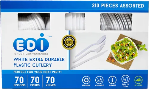 Miniatura 7 de EDI desechables cubiertos de plástico, 70 Tenedores, 70 Cuchillos, 70 cucharas, color blanco, 210