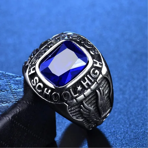 Miniatura 3 de MASOP Anillos de acero inoxidable 316L para hombre con piedras azules grabadas en la escuela secundaria de águila tamaño 8-15