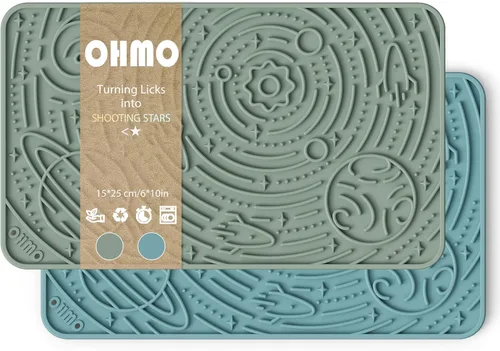 Miniatura 9 de OHMO Alfombrilla para lamer perros y gatos, (Ash+Beige, 2 piezas, 9.8 x 5.9 pulgadas), diseño de galaxia, alimentador lento con ventosas, mantenlos