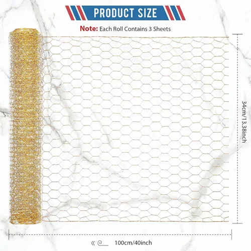Miniatura 2 de 3 piezas de red de alambre de pollo dorada de 40 x 13 pulgadas para proyectos de manualidades, marco hexagonal galvanizado ligero, malla de alambre