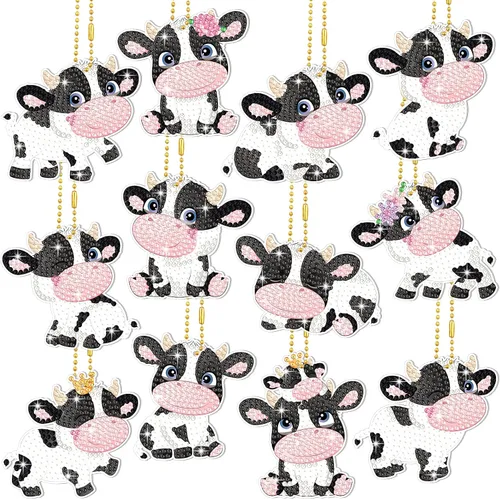 Thinkday Kit de llavero de pintura de diamante de vaca de 12 piezas, lindo colgante de diamante de vaca, adornos de arte animal para adultos,