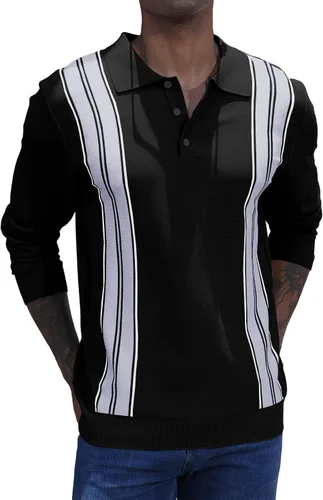 Miniatura 2 de CTU Camisas polo de manga larga a rayas vintage para hombre, camisas de golf