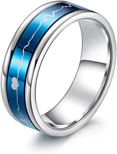 Miniatura 2 de Romántico juego pareja anillos titanio acero boda bandas negro azul cómodo ajuste giratorio ECG Heartbeat su y su promesa regalos especiales