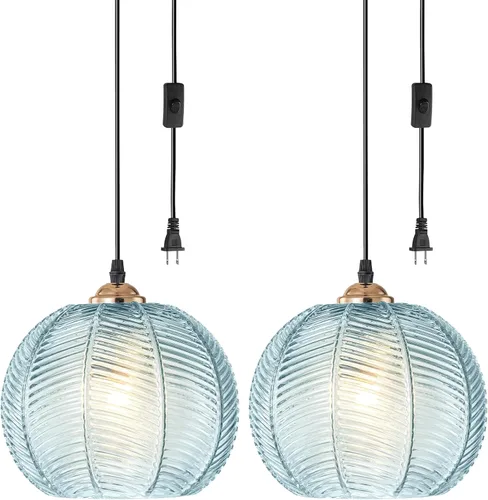 Miniatura 10 de Lámparas colgantes de esquina vintage para sala de estar, lámpara colgante de vidrio acanalado ámbar con cable enchufable, lámpara colgante bohemia