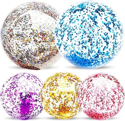 Miniatura 14 de Paquete de 5 bolas de playa de lentejuelas de 16 pulgadas y 24 pulgadas, inflables, confeti con purpurina, pelota de playa transparente, juguete