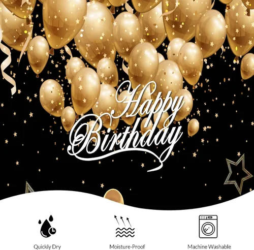 Miniatura 5 de Cortina de ducha de feliz cumpleaños, negro y dorado, 70 x 72 pulgadas Tela de tela de poliéster impermeable, incluye ganchos