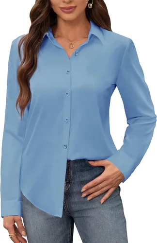 Miniatura 29 de Siliteelon - Camisas de vestir para mujer, a prueba de manchas, sin arrugas, de manga larga, sólidas, para trabajo y negocios, con botones