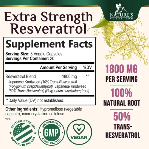 Miniatura 2 de Suplemento de resveratrol – 1800 mg por porción mezcla de resveratrol extra fuerte – Mezcla antioxidante para un envejecimiento saludable, salud