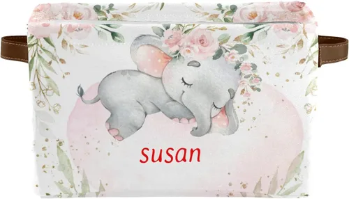 Cesta de almacenamiento personalizada con diseño de elefante y flores rosas con nombre, caja de almacenamiento grande con asas para el hogar,