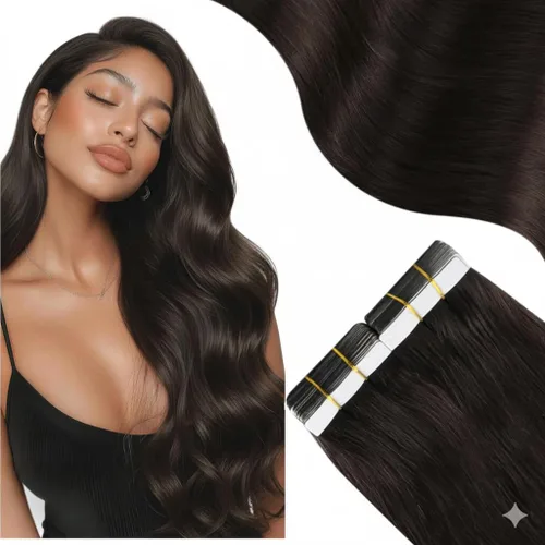 Miniatura 31 de Moresoo Extensiones adhesivas de cabello humano degradado, balayage, mezcla de marrón oscuro con extensiones de color marrón medio, extensiones
