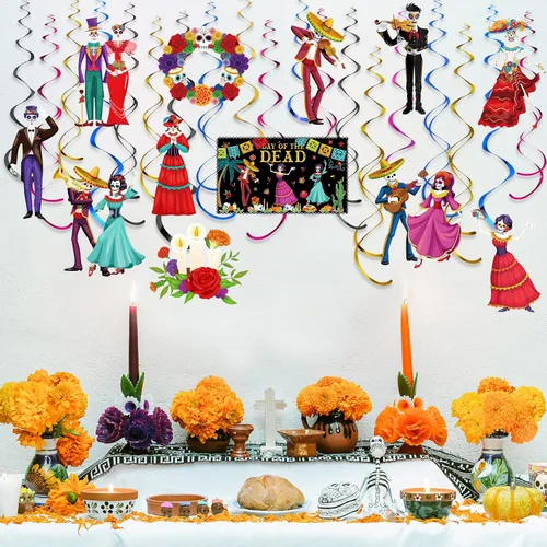 Miniatura 6 de 30 piezas de decoración colgante del Día de los Muertos Dia De Los Muertos para el techo, remolinos de azúcar, calavera colgante, decoraciones
