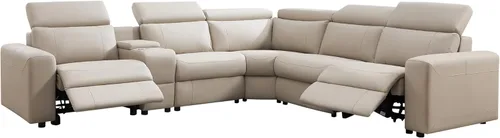 Miniatura 7 de Sofá Reclinable Eléctrico AMERLIFE, Sofá Reclinable con Consola y Reclinación Dual, Sofá Seccional de Cuero para Sala de Estar, Beige Marrón